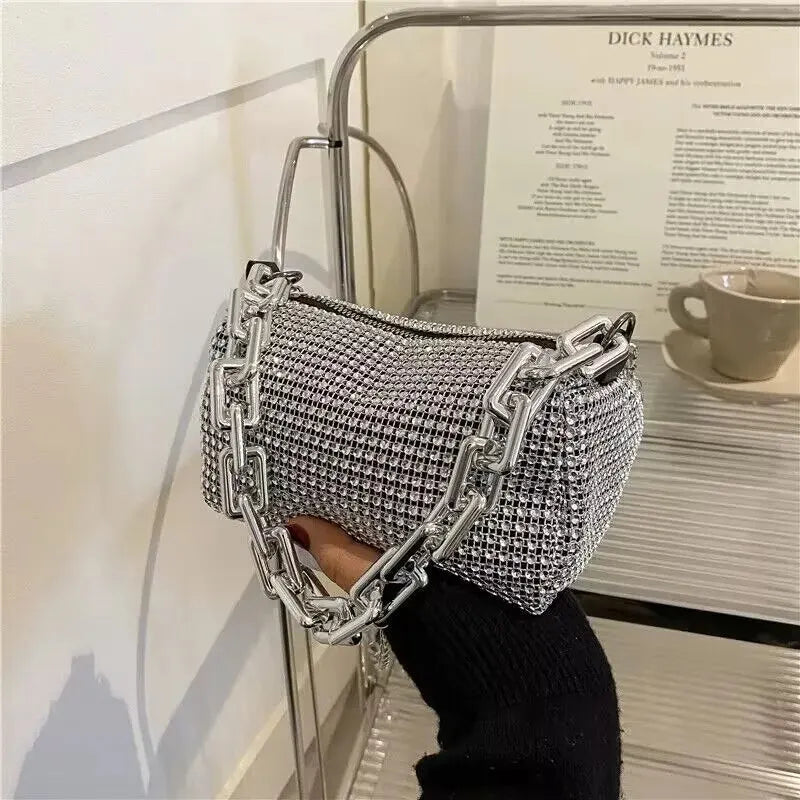 Rhinestone Cascade Bucket Bag With Crystal Chain Detail