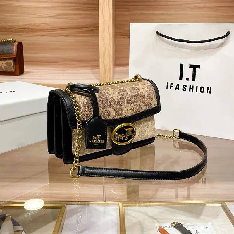 Geometric Satchel With Chain Strap and Flap Closure