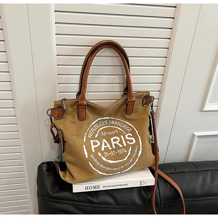 Paris Stamp Tote Bag with Convertible Carrying Strap
