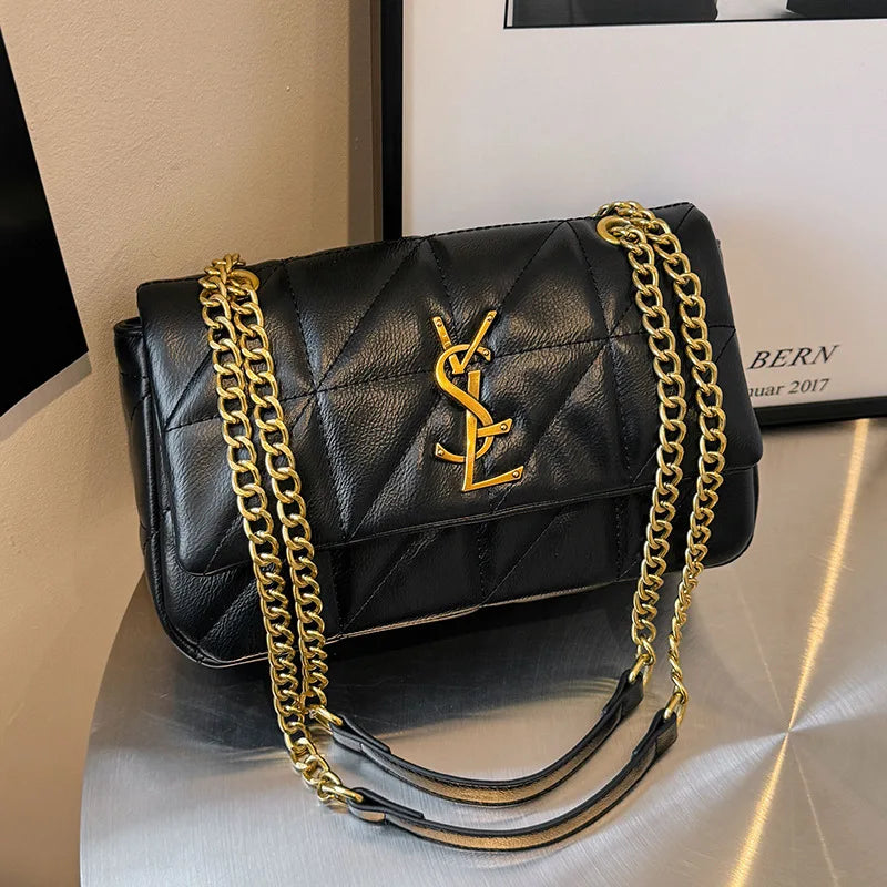 Quilted Chain Flap Shoulder Bag With Gold Logo Accent