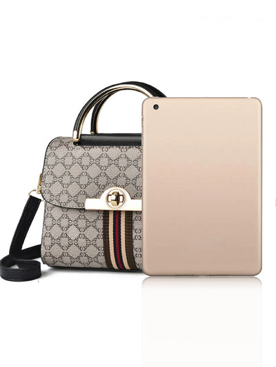 Geometric Print Handbag With Dual Top Handles And Strap - WO2MEN