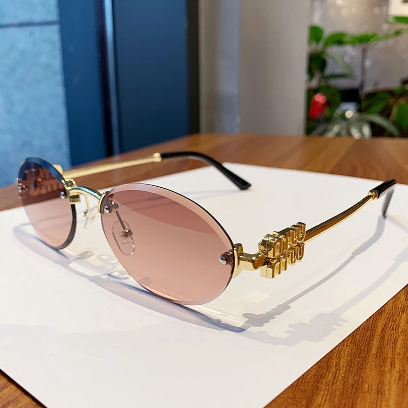 Oval Rimless Sunglasses with Ornate Detailing Frame - WO2MEN
