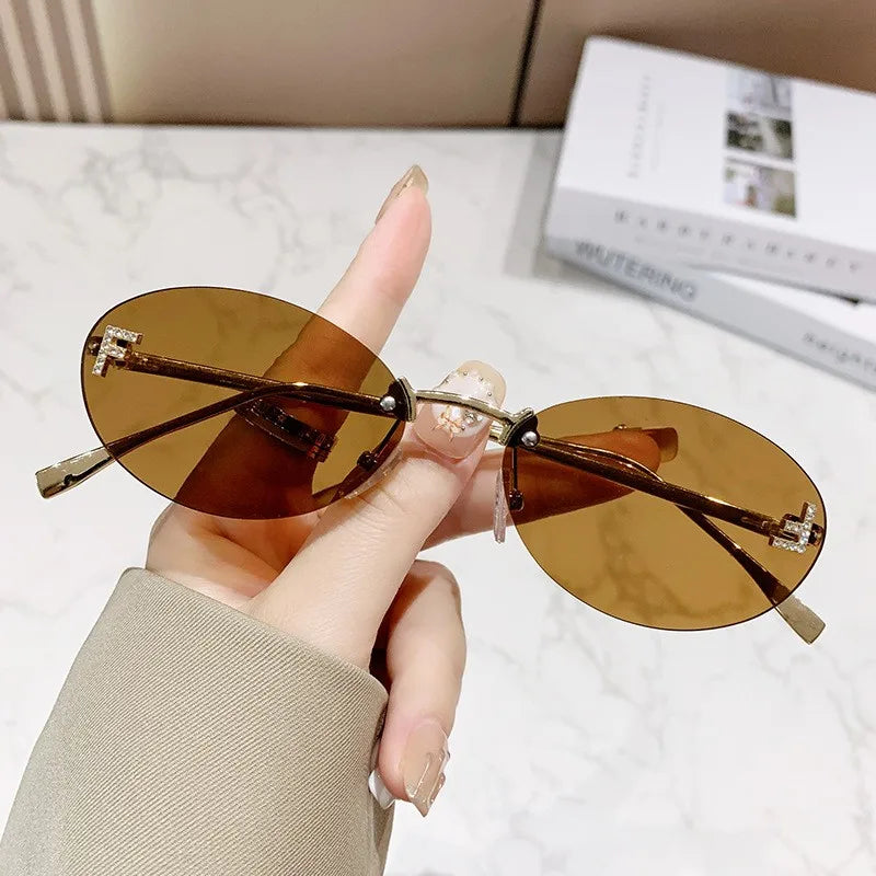 F Emblem Oval Rimless Sunglasses With Delicate Bridges - WO2MEN