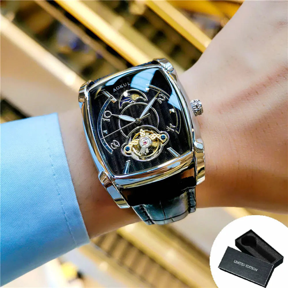 Tonneau Moon Phase Mechanical Tourbillon Skeleton Watch