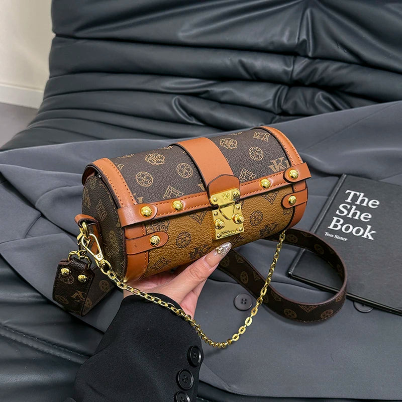 Monogram Barrel Shoulder Bag with Gold Lock Detailing