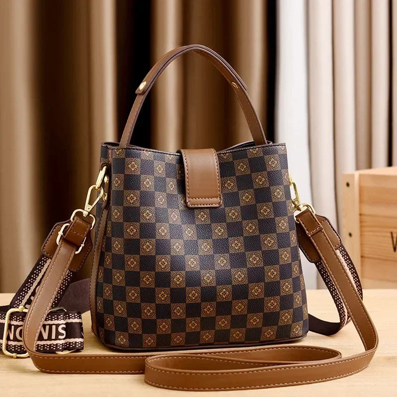 Checkerboard Bucket Bag With Straps And Metal Hardware