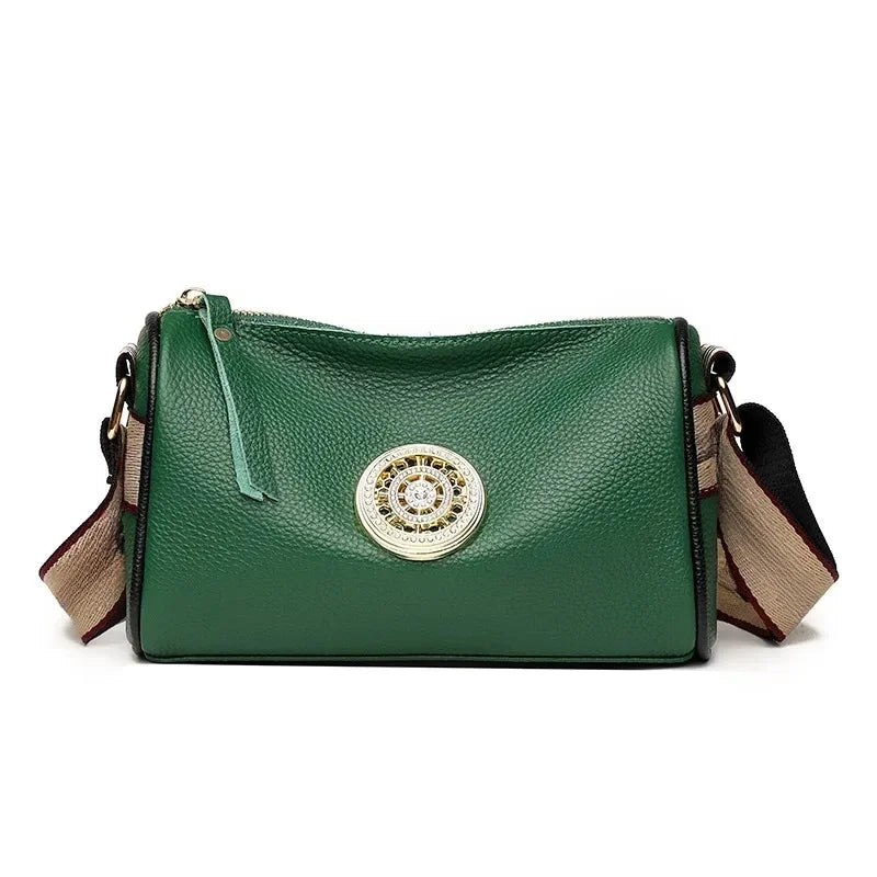 Emblem Crossbody Bag With Wide Strap And Circular Clasp