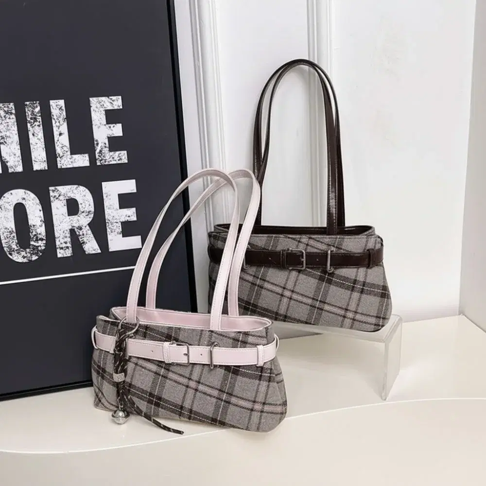 Plaid Shoulder Bag With Belt Strap