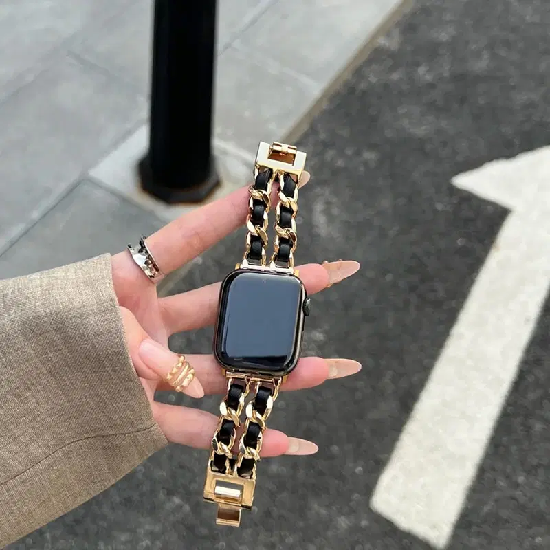 Gold Chain Leather Apple Watch Band — view 3