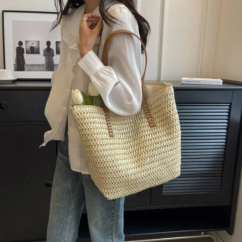 Handwoven Straw Tote Bag, Boho