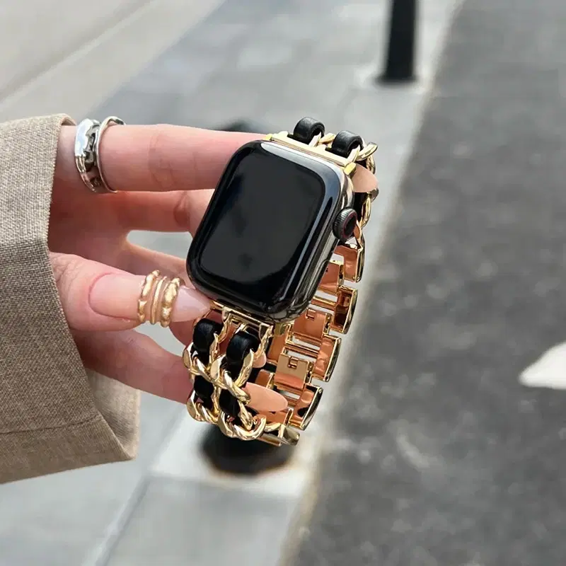 Gold Chain Leather Apple Watch Band — view 2