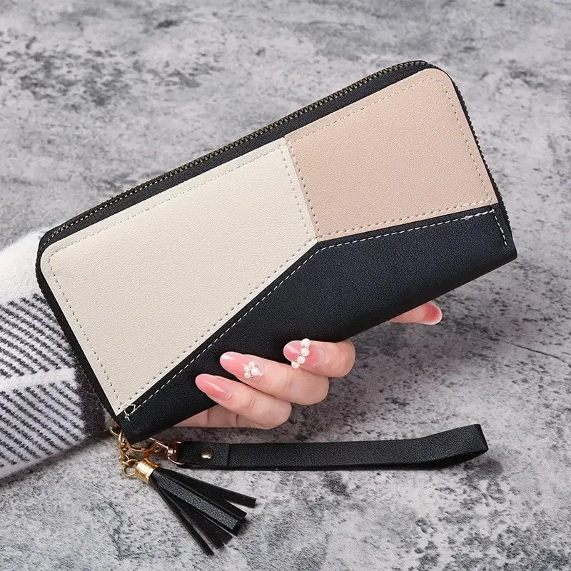 Colorblock PU Leather Zip Wallet