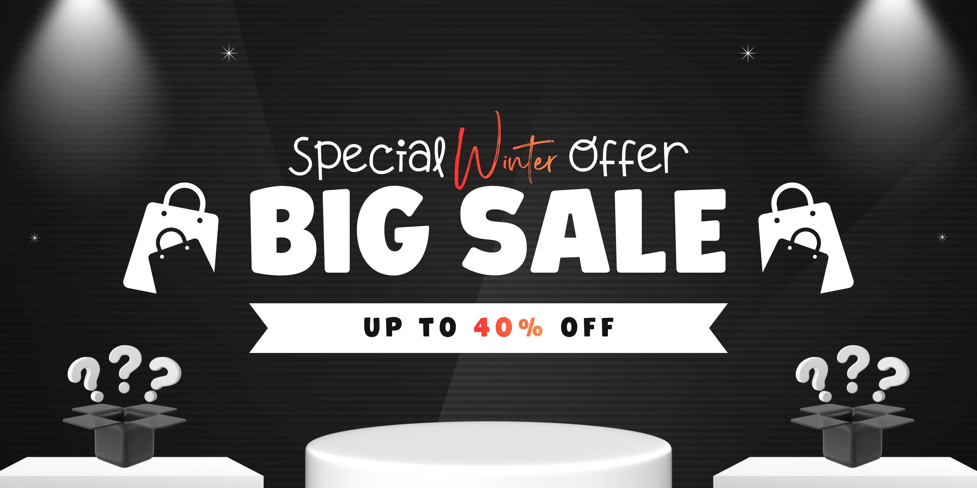 Special winter offer with 'Big Sale' and 'Up to 40% Off' on a black background with white text and product display.