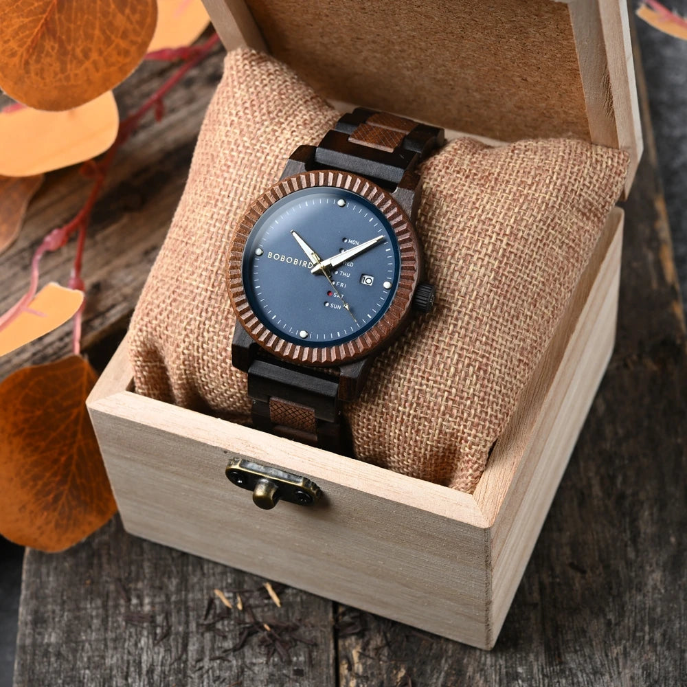 Wooden Wristwatch With Week Display And Date Calendar
