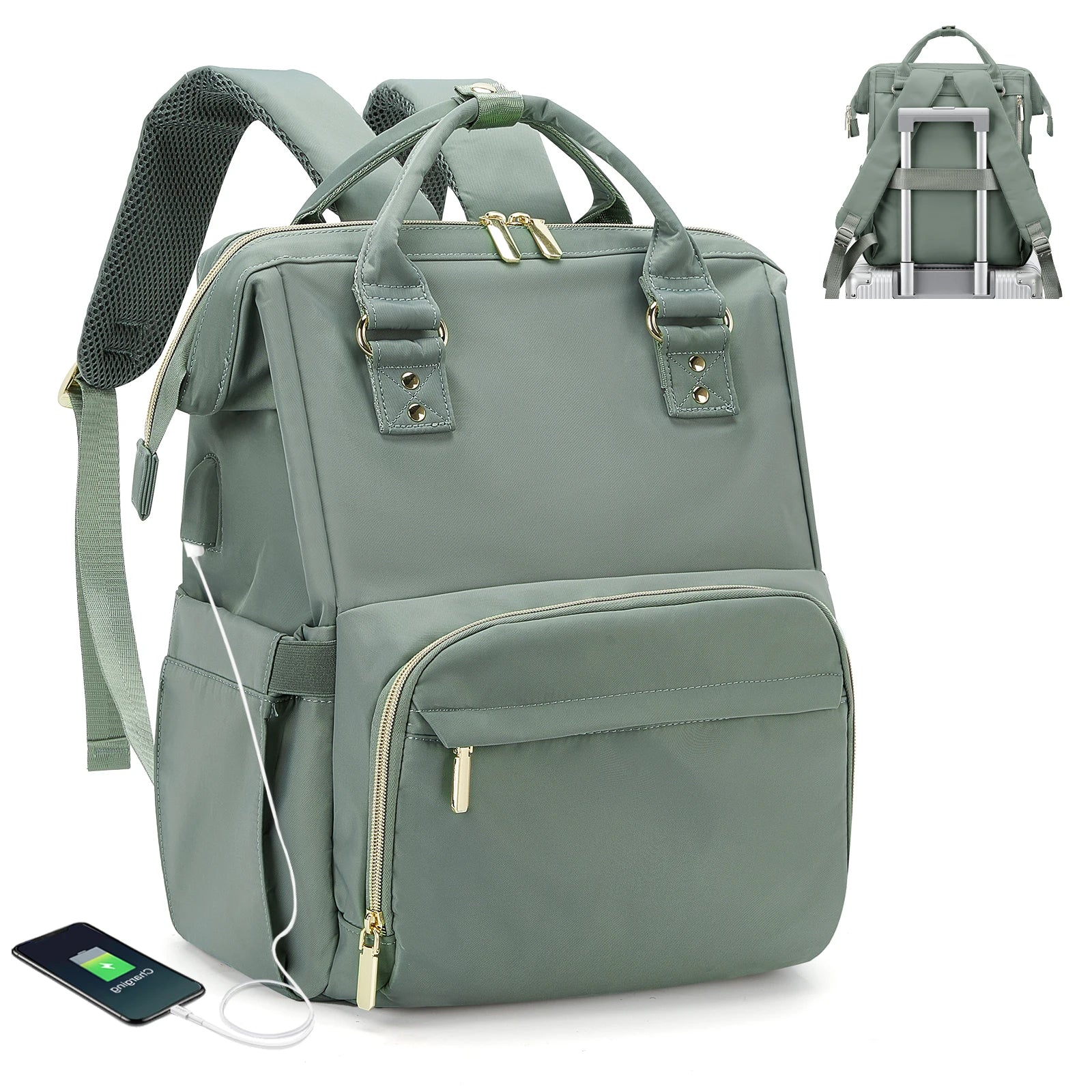 Laptop Backpack With USB Port Water Resistant - Green