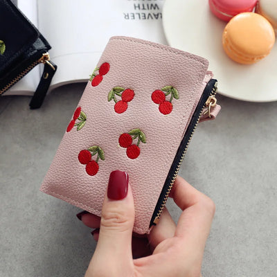 Cherry Embroidered Wallet with Zipper and Card Slots - WO2MEN