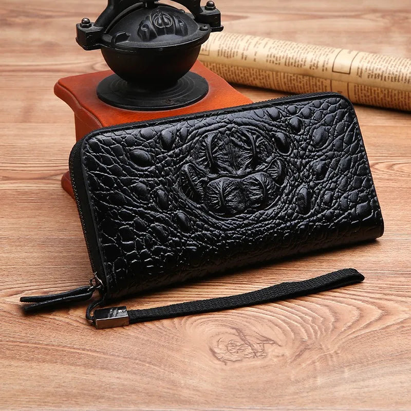 Crocodile Pattern Zip Wallet with Wrist Strap - Bone Black