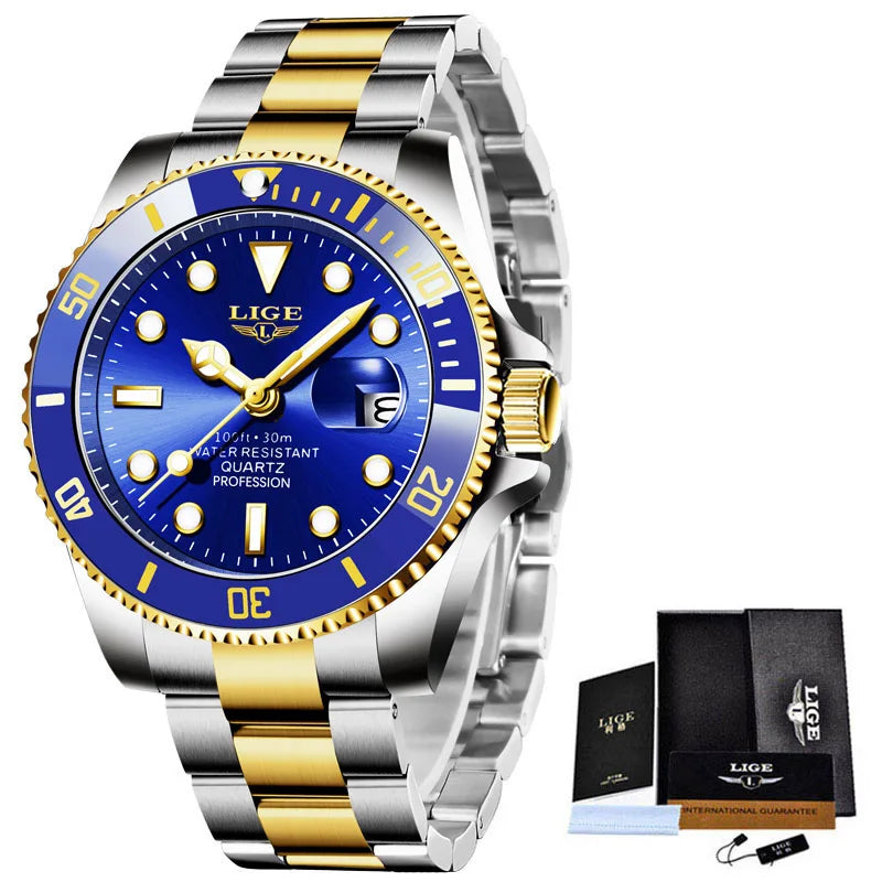 Diver Style Quartz Wristwatch with Date Display - Rose Gold Blue