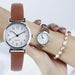 Women Round Analog Quartz Leather Band Watch Gift - Brown