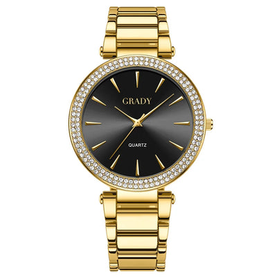 Bezel Encrusted Quartz Watch With Rhinestones - Black Dial