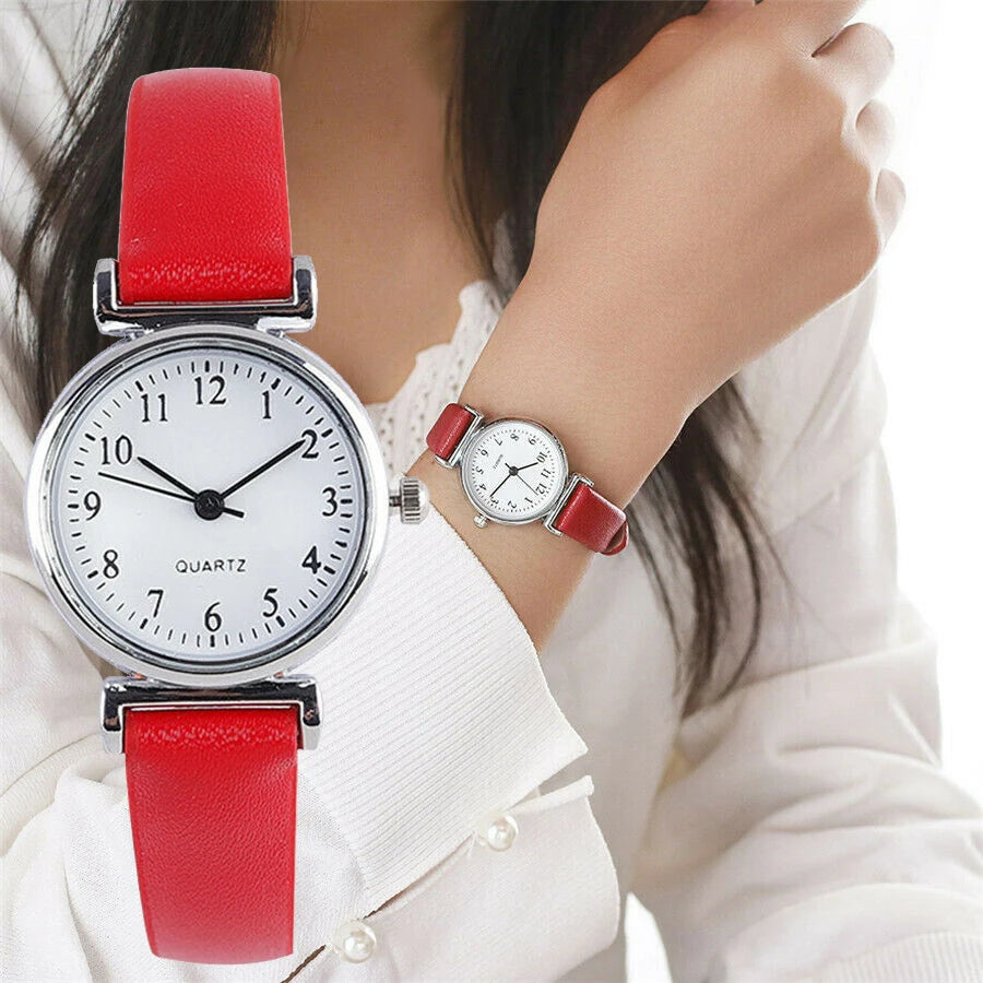 Women Round Analog Quartz Leather Band Watch Gift - Red