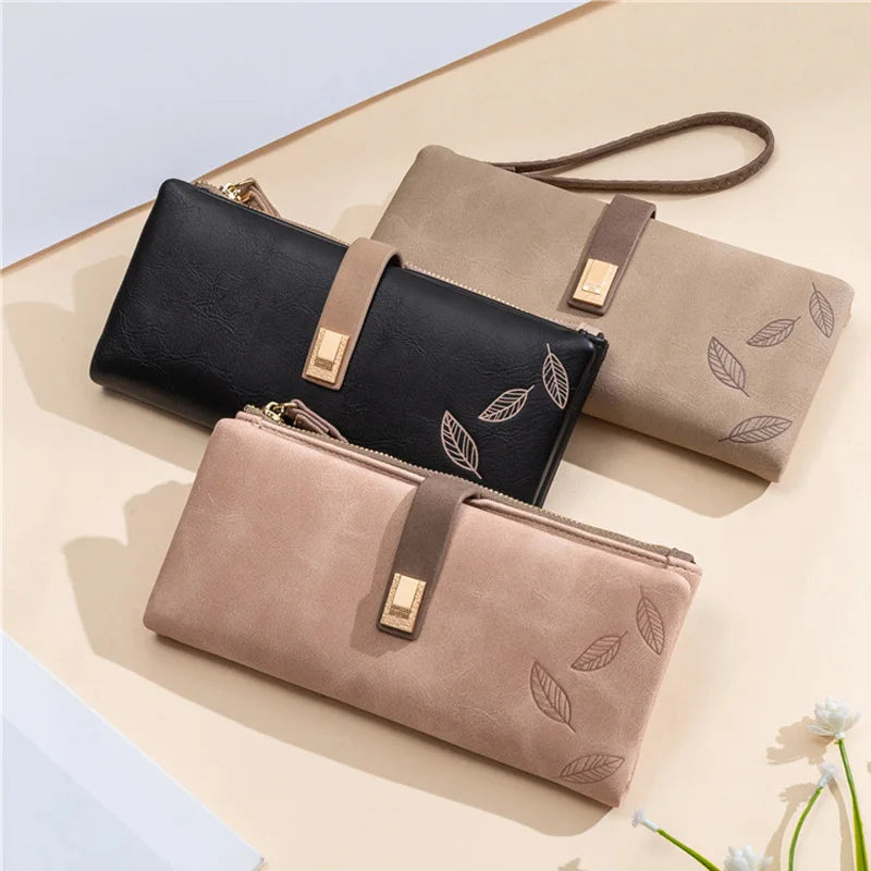 Leaf Print Zip Wallet with Strap for Women Elegant