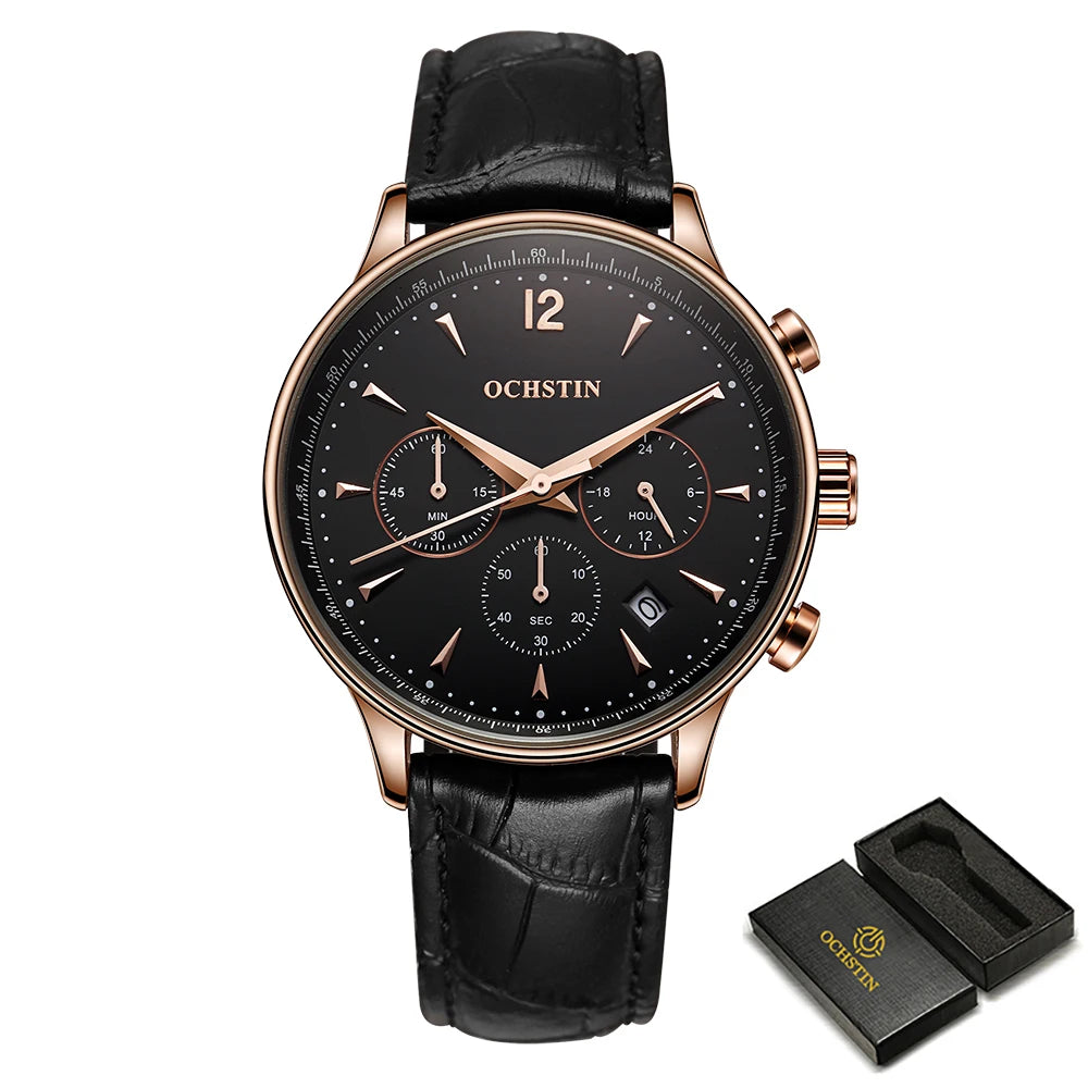 Men’s Chronograph Leather Watch – Classic Quartz Design