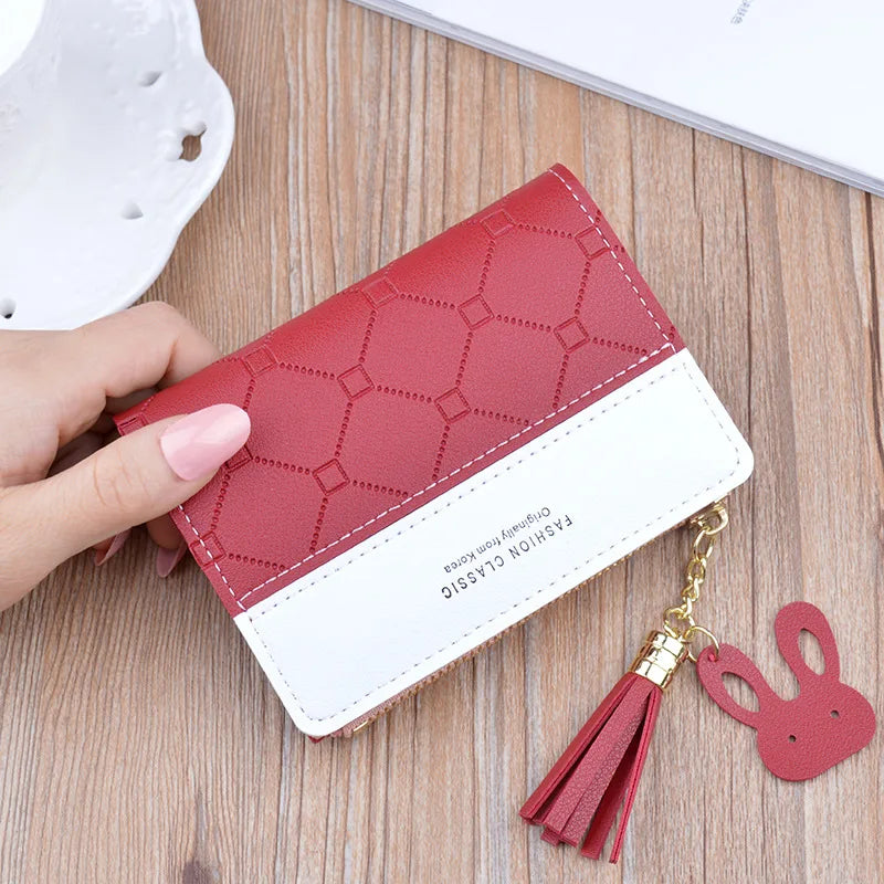 Patchwork Wallet with Zipper Tassel Charm Collection - WO2MEN