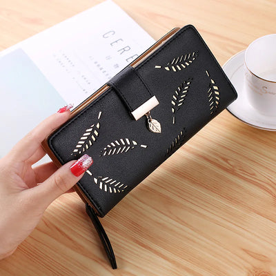 Elegant Leaf Cutout Long Wallet with Strap Charm