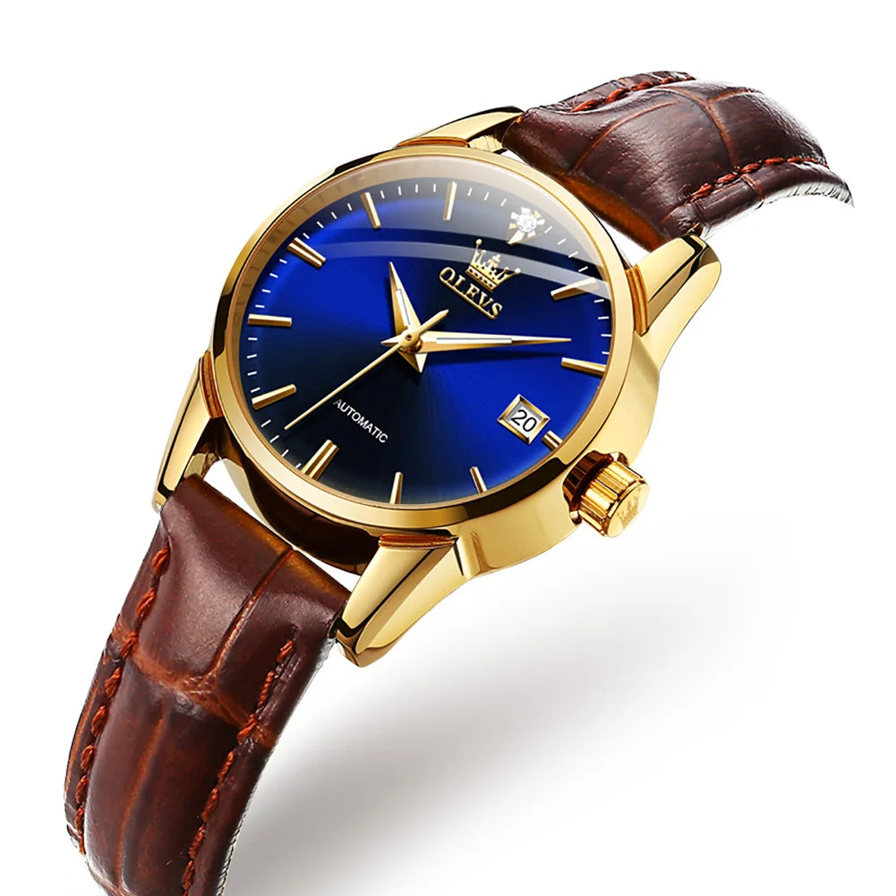 Automatic Calendar Wristwatch with Leather Strap - Blue