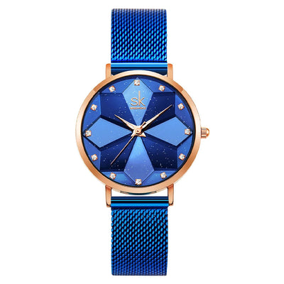 Geometric Dial Mesh Band Watch With Crystal Accents - WO2MEN