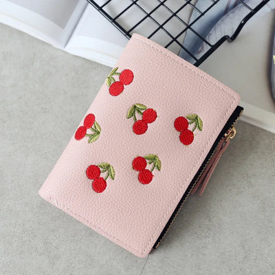 Cherry Embroidered Wallet with Zipper and Card Slots - WO2MEN