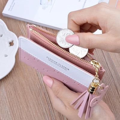 Patchwork Wallet with Zipper Tassel Charm Collection - WO2MEN