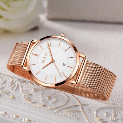 Luxury Women Watch with Mesh Strap Date Display