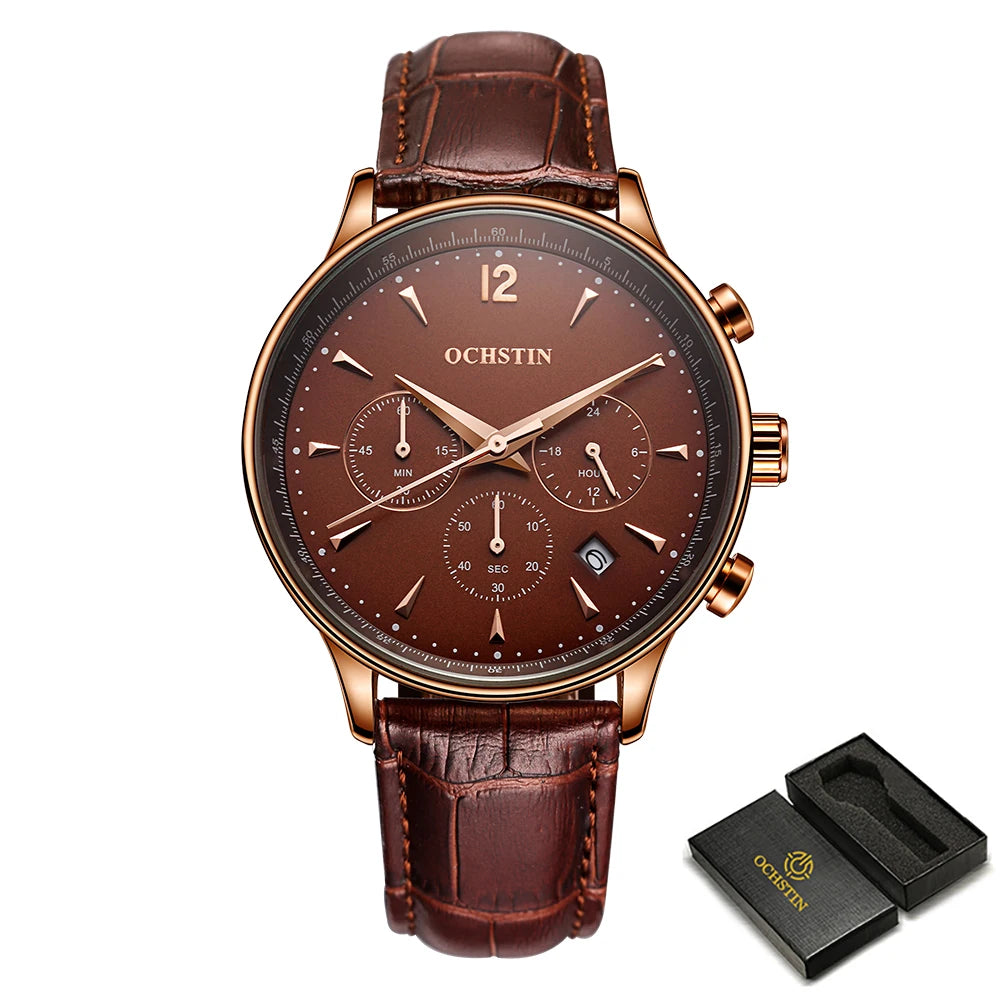 Men’s Leather Quartz Watch – Waterproof & Chronograph