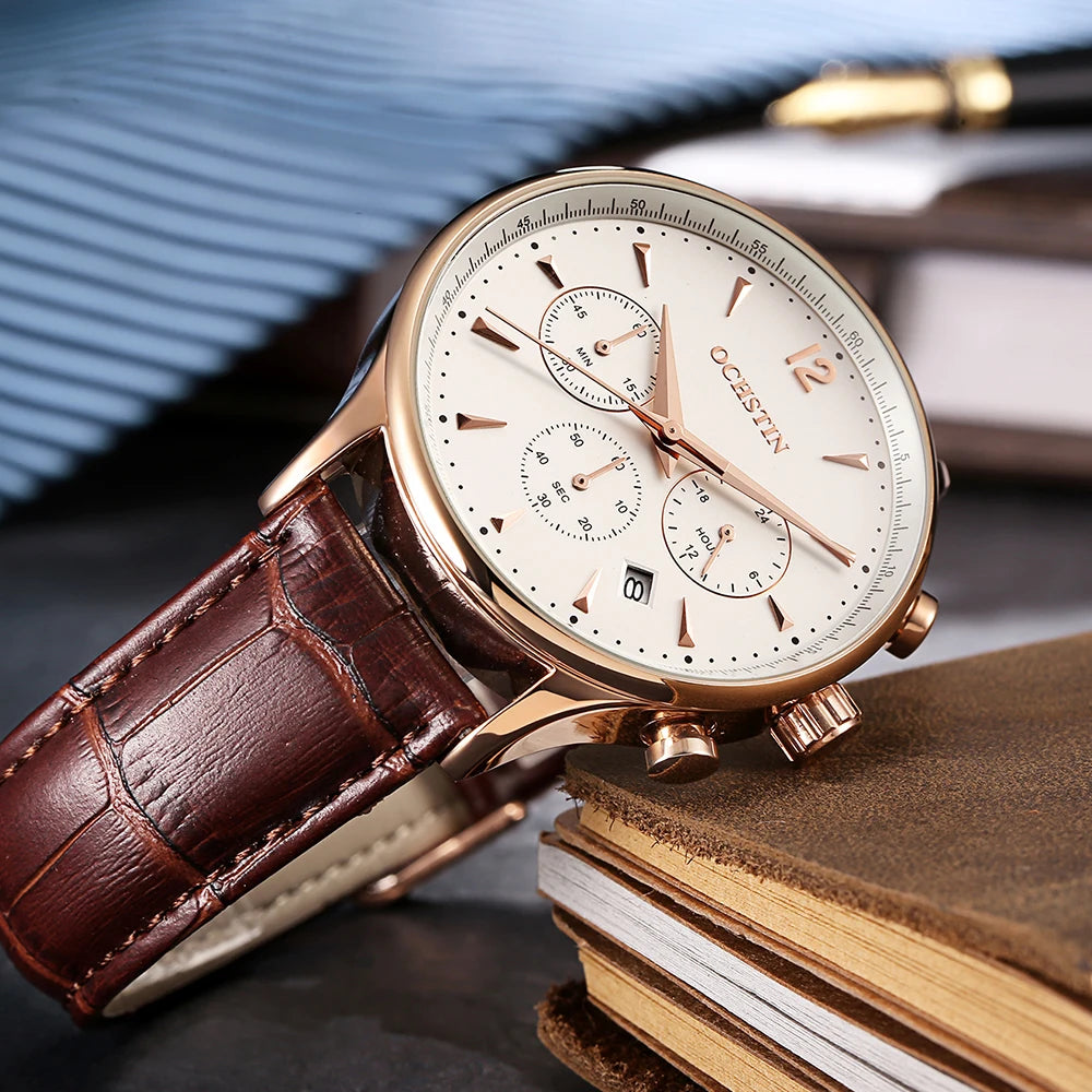 Men’s Leather Quartz Watch – Waterproof & Chronograph
