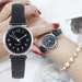 Women Round Analog Quartz Leather Band Watch Gift - Black