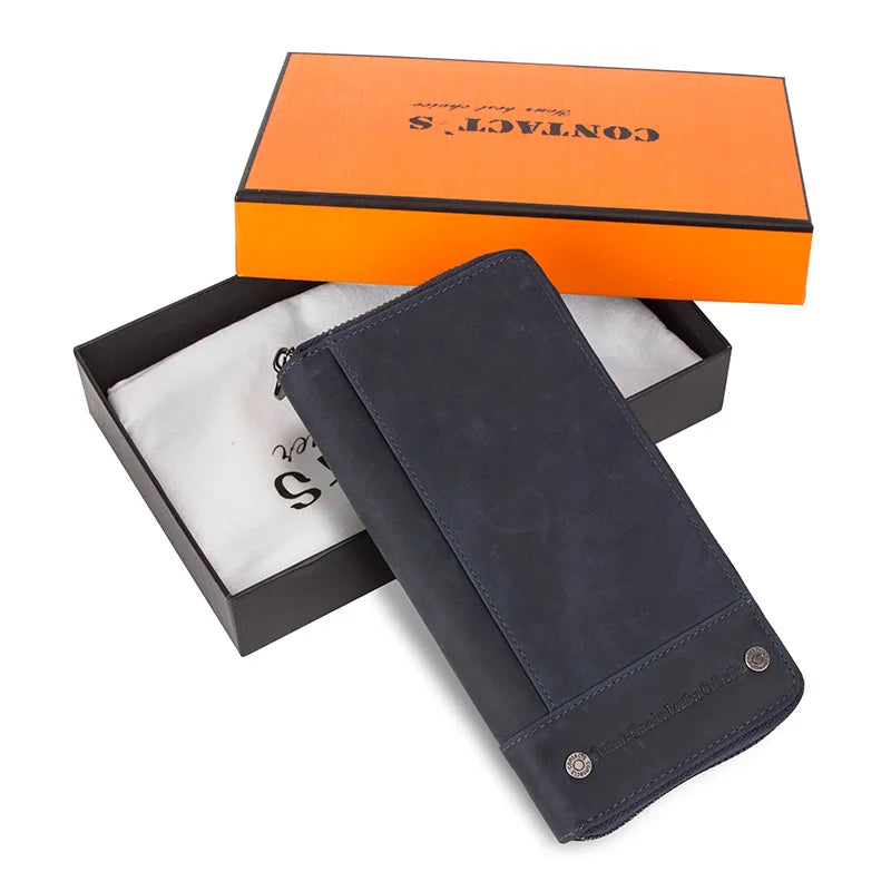 Genuine Leather RFID Wallet with Zipper Card Holder - Blue Box