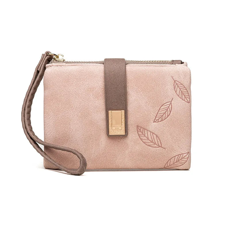 Small Zipper Wallet Wristlet with Leaf Pattern - Pink