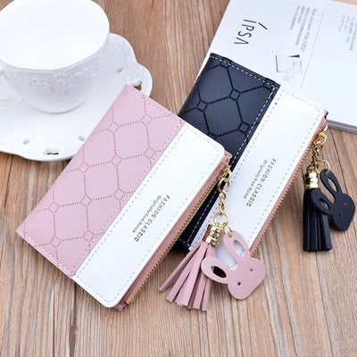 Patchwork Wallet with Zipper Tassel Charm Collection - WO2MEN