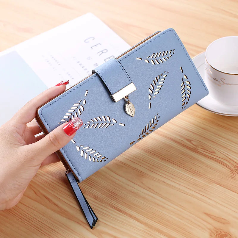 Elegant Leaf Cutout Long Wallet with Strap Charm