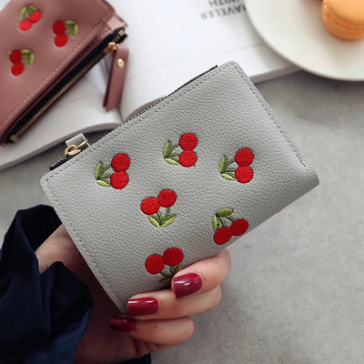 Cherry Embroidered Wallet with Zipper and Card Slots - WO2MEN