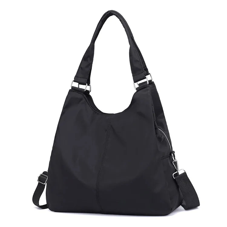 Nylon Tote Bag with Inside Pockets And Adjustable Strap - Black