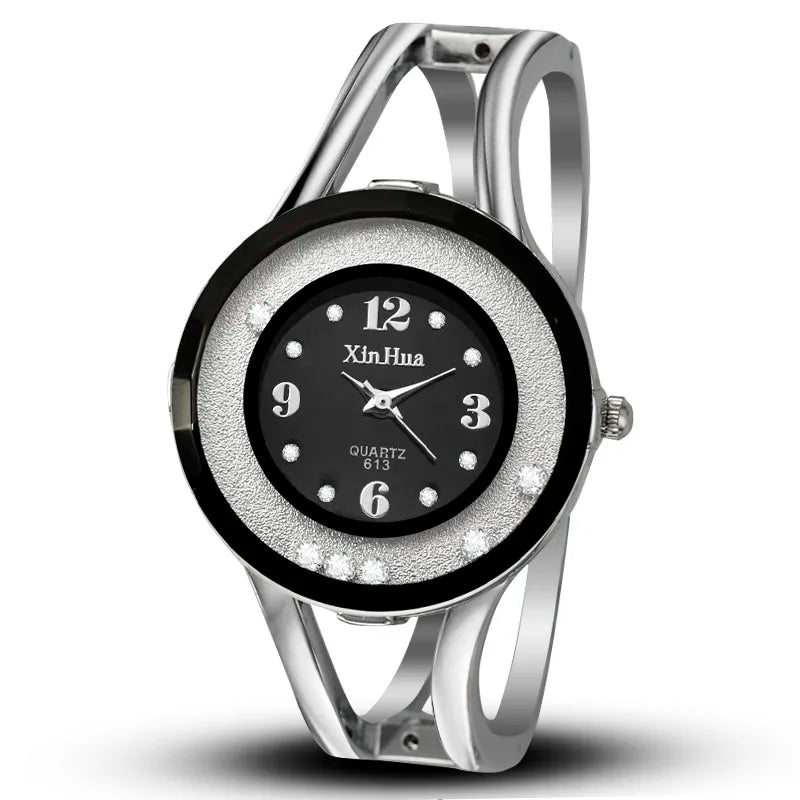 Women Bangle Quartz Watch with Crystal Dial Details - Black