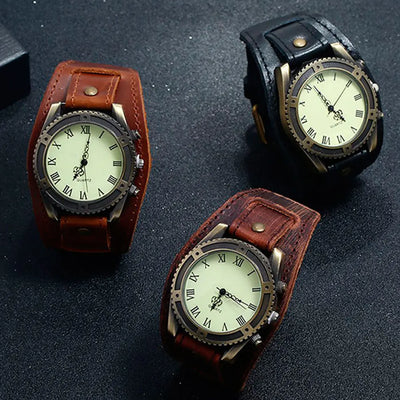 Vintage Cow Leather Bracelet Watch Roman Numeral Dial