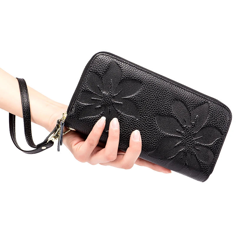 Floral Embossed Long Zip Wallet Organizer Card Slots - WO2MEN
