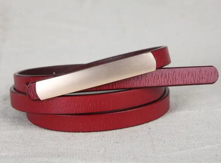 Womens Narrow Belt with Metal Bar Buckle Design - Red