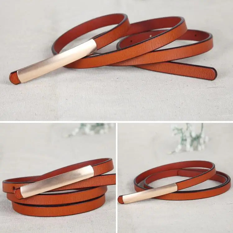 Womens Narrow Belt with Metal Bar Buckle Design