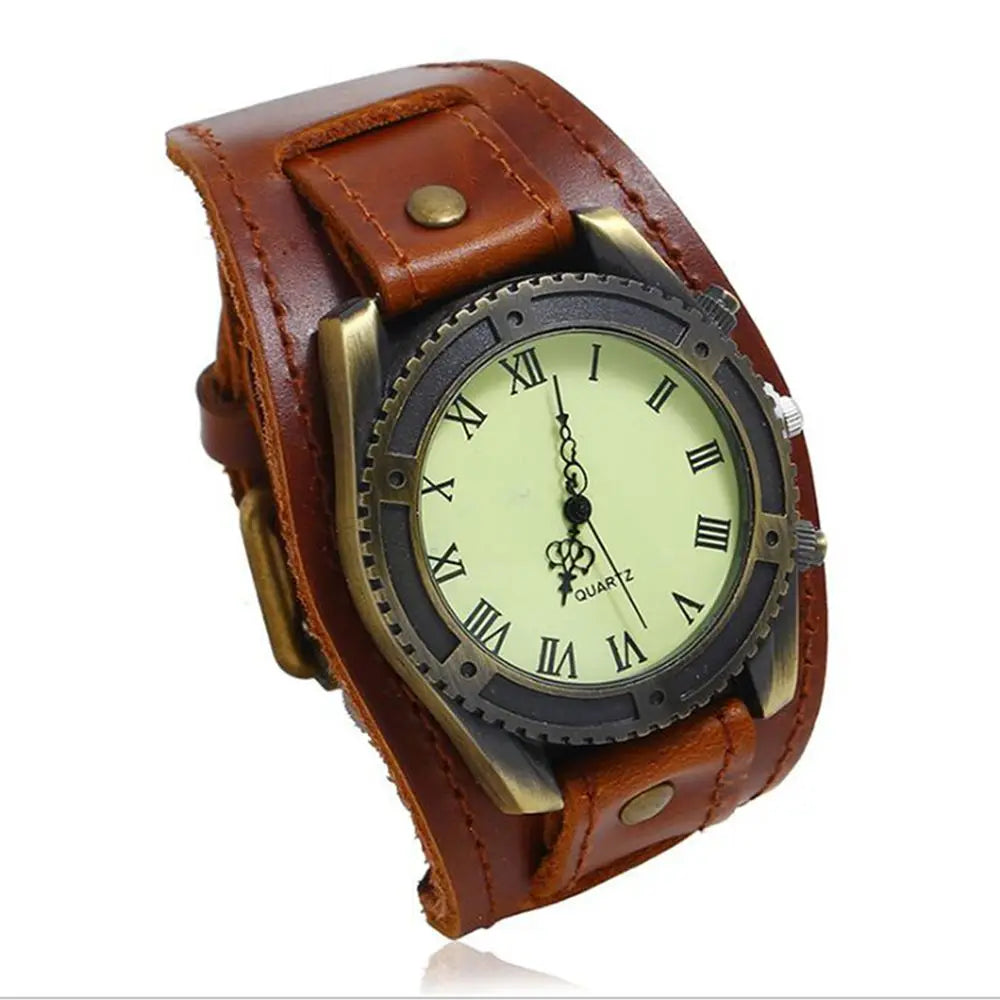 Vintage Cow Leather Bracelet Watch Roman Numeral Dial