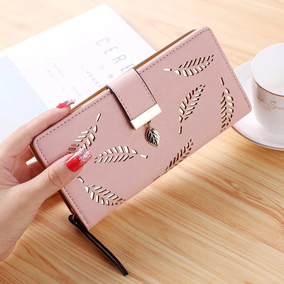 Elegant Leaf Cutout Long Wallet with Strap Charm